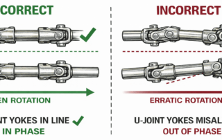 Diagram showing correct and incorrect steering U-joint phasing with yokes aligned in phase versus misaligned out of phase.