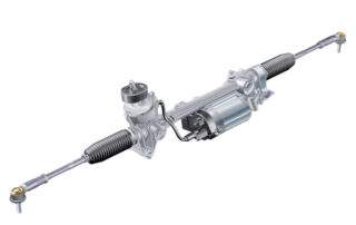 Electric power steering rack assembly showing assist motor housing prior to EPS depower conversion.