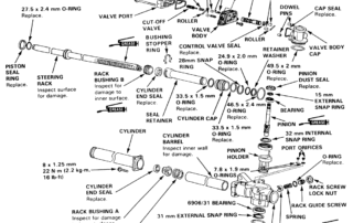 Exploded diagram of a hydraulic power steering rack showing internal components including valve body, pistons, seals, rack housing, and tie rods.